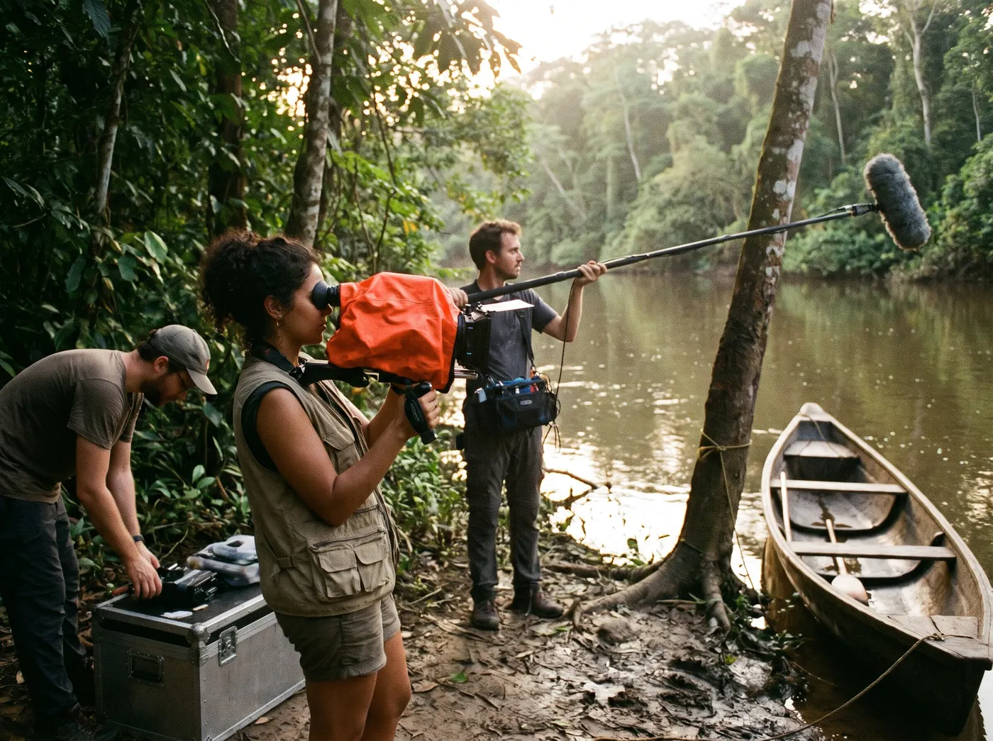 Une équipe de tournage au bord d'un fleuve guyanais