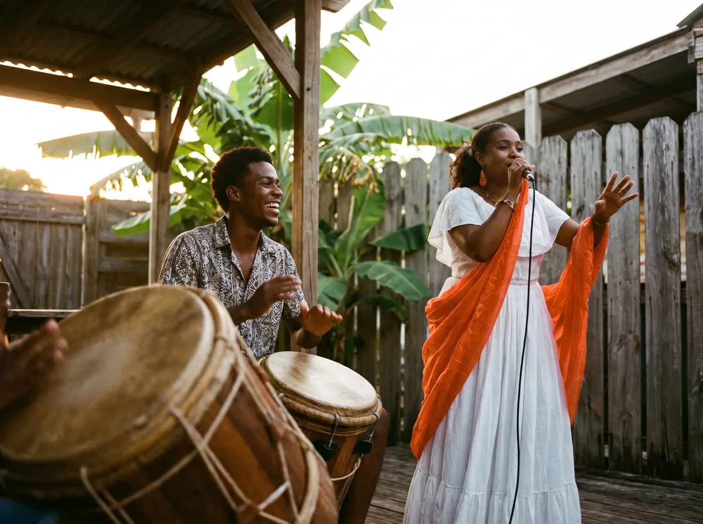 Un percussionniste et une chanteuse en répétition