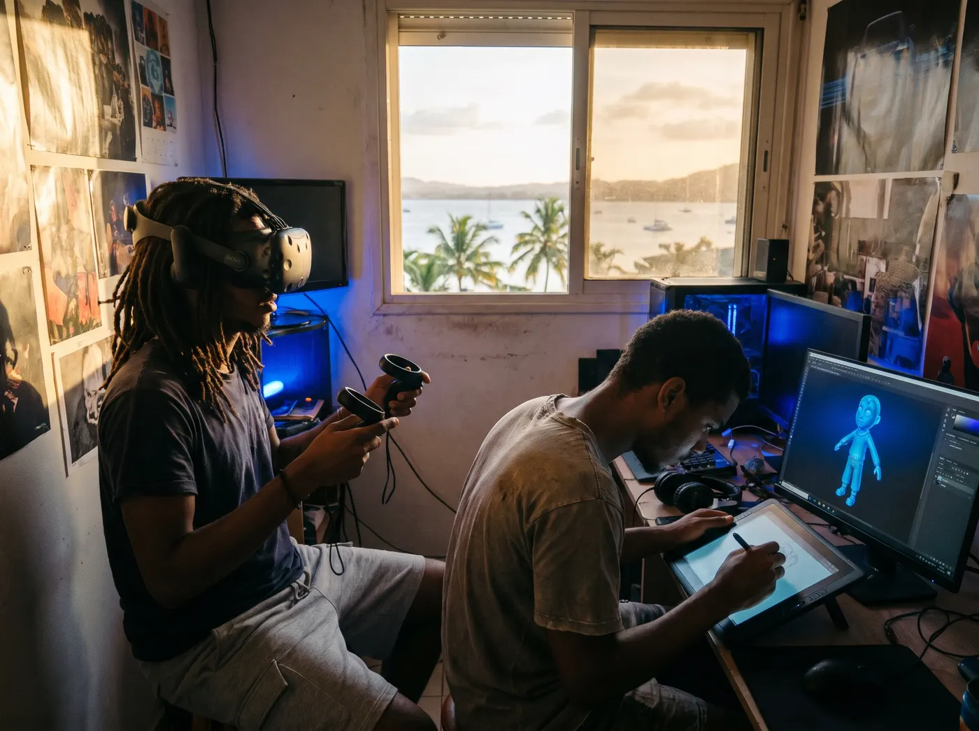 Deux artistes numériques dans un lab face à la mer